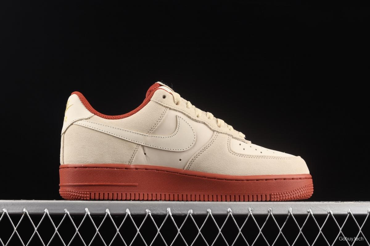 NIKE Air Force 1x07 SE beige / brick red suede spliced low-top casual board shoes AA1391-111,