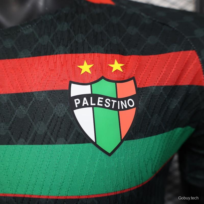 Player Version 25/26 CD Palestino Away Black Jersey with Red-Green Stripes and Bank of Palestine Sponsor