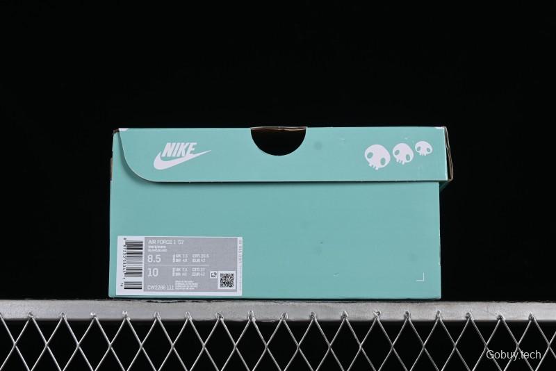 Nike Air Force 1 '07 Low Witch Collaboration Custom Leather Sneakers with Skull and Gradient White-Green Design - CW2288-111