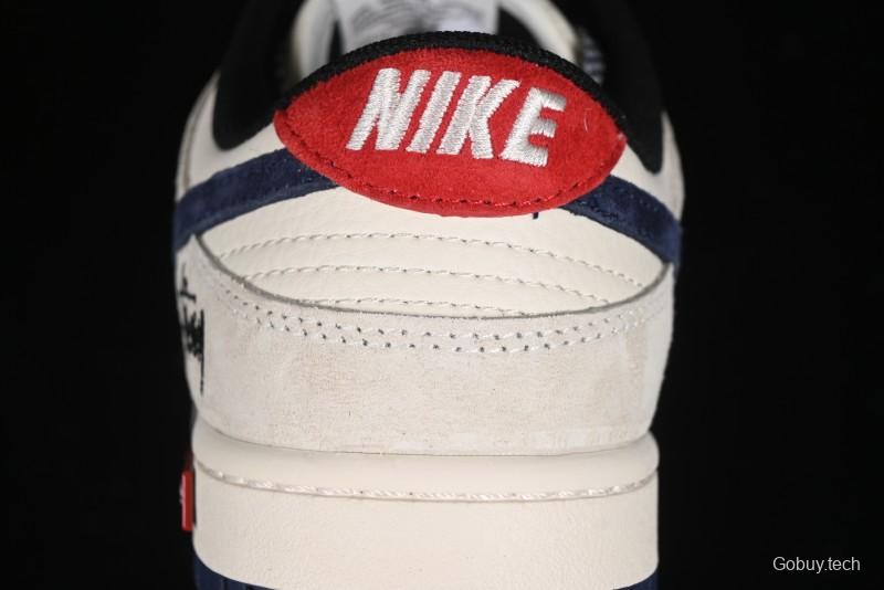 Nike SB Dunk Low Supreme x Stussy Triple Collaboration - Off White Navy Swoosh Anniversary Custom Low-Top Casual Sneakers - SJ2068-301