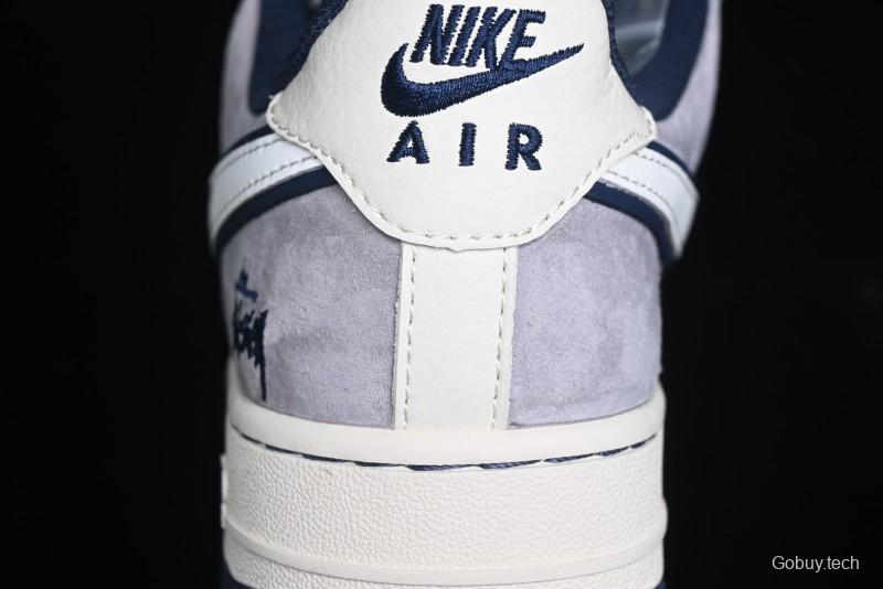 Nike Air Force 1 '07 Low Stussy Collaboration - Grey White with Blue Outsole Low-Top Casual Sneakers - SJ6698-006