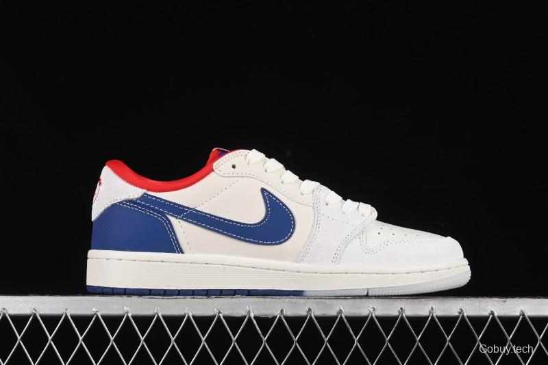 Nike Travis Scott x Fragment Design x Air Jordan 1 Low OG SP AJ1 Supreme Collaboration - Blue White Colorway Low Top Casual Sneakers CH6336-016