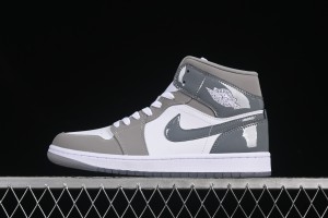 Nike Air Jordan 1 Mid Basketball Shoes in White Grey Patent Leather - HF3216-100