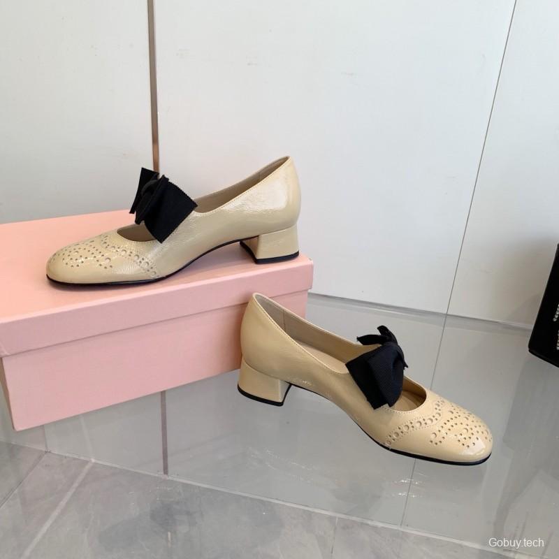2025 Women Miu Miu Beige Black Leather Mary Jane Bow KFY00280