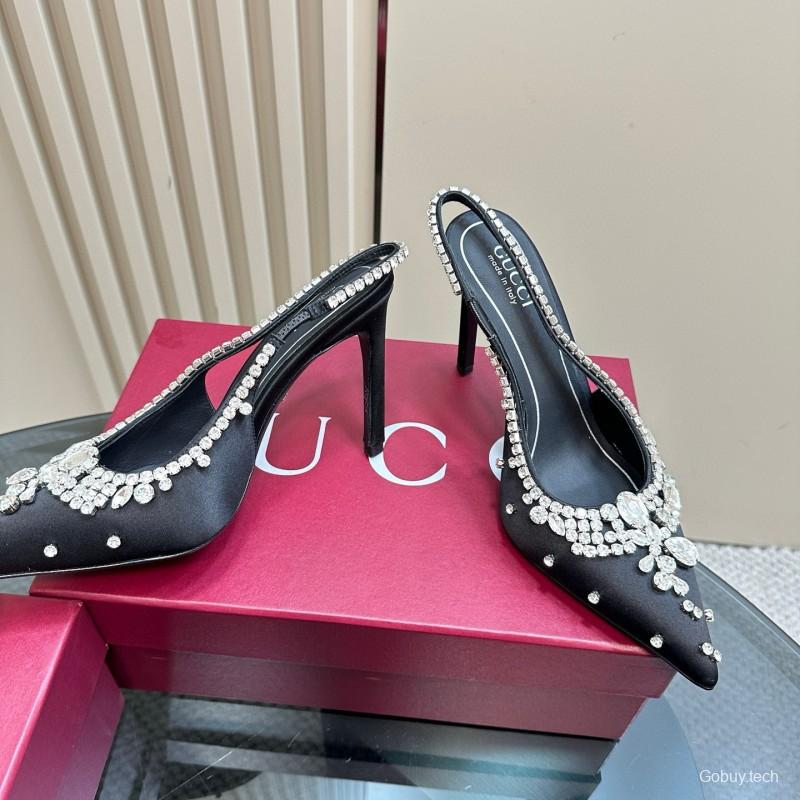 2025 Women Gucci Black Satin Slingback Heels Rhinestone MJ00340