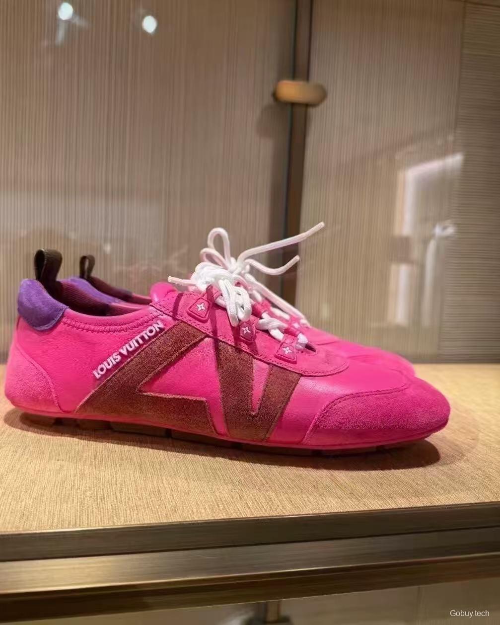 2025 Women Louis Vuitton Pink Purple Suede Leather Sneakers LY00340