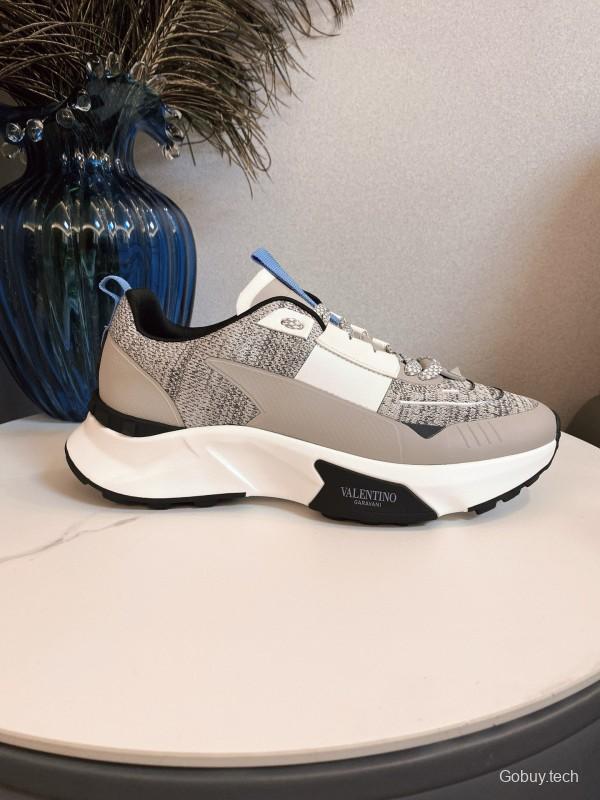 2024 Unisex Valentino White Grey Blue Fabric Leather Sneakers MJ00340