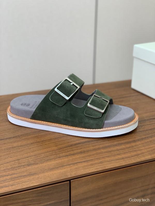 2025 Unisex Brunello Cucinelli Green Suede Leather Slippers KFY00250