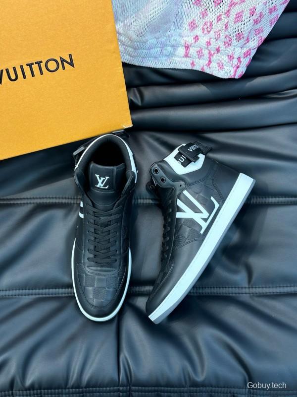 2024 Men Louis Vuitton Black White Leather High-Top Sneakers MJ00420