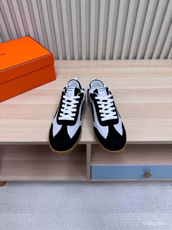 2025 Unisex Hermès Black White Suede Goat Leather Sneakers Top Version LY00310