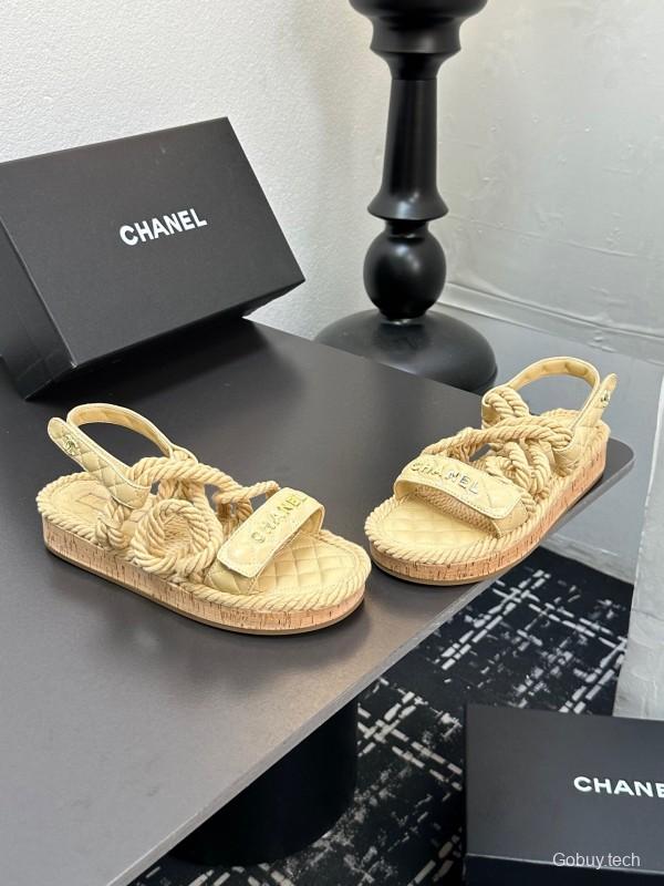 2025 Women Chanel Beige Rope Leather Slingback Sandals