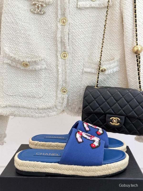 2025 CHANEL Blue Canvas Slippers Embroidered KFY00230