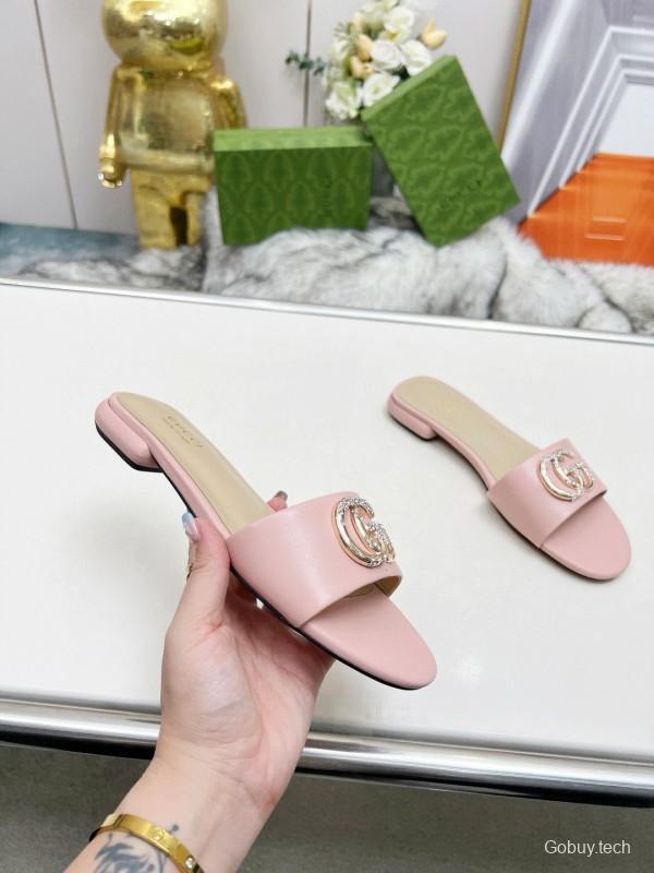 2025 Women Gucci Pink Leather Slippers GG Buckle MJ00190