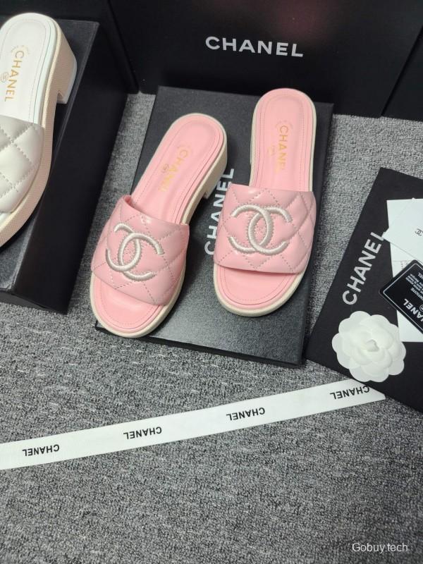 2025 Women Chanel Pink Leather Slippers
