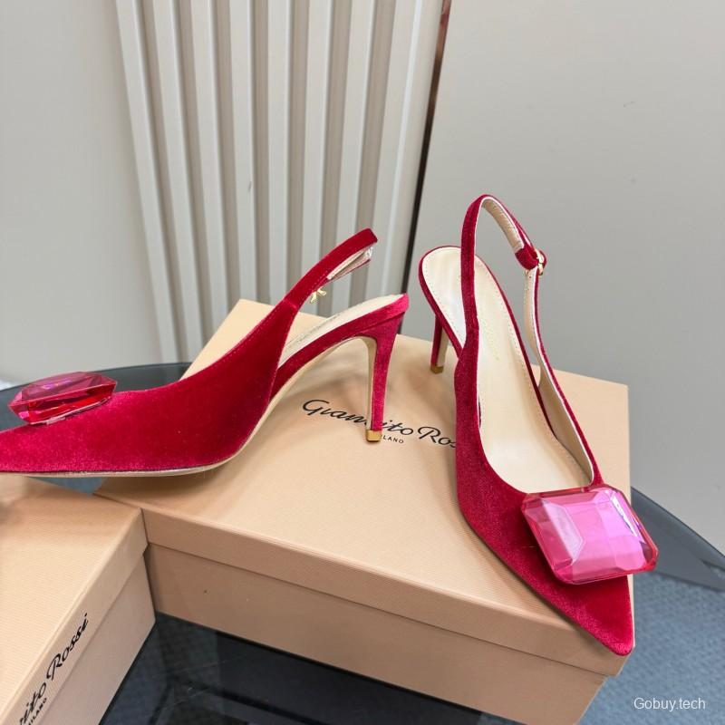 2025 Women Gianvito Rossi Red Velvet Slingback Pumps KFY00300