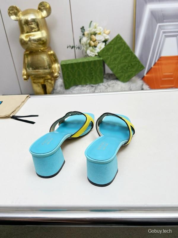 2025 Gucci Blue Yellow Leather Slippers
