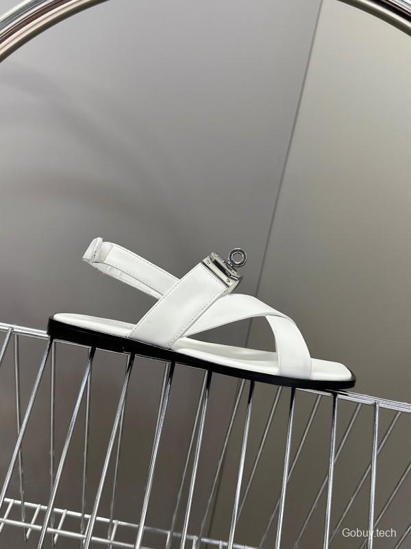 2025 Women Hermès White Calf Leather Sandals Metal Buckle KFY00300