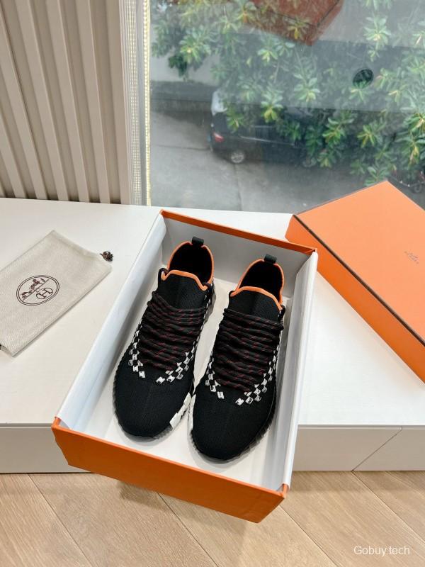 2024 Unisex Hermès Black Orange Calf Suede Knit Sneakers MJ00290(W/M)