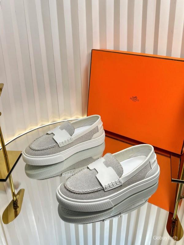 2025 Women Hermès White Mesh Leather Casual Loafers LY00310