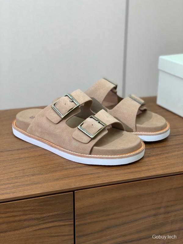 2025 Unisex Brunello Cucinelli Beige Suede Leather Slippers KFY00250