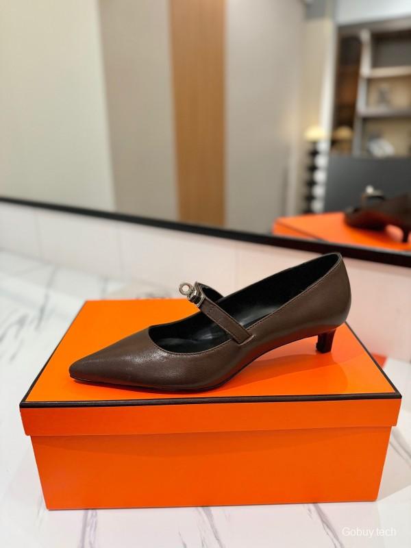 2025 Women Hermès Brown Leather Mary Jane 4cm Heel KFY00330