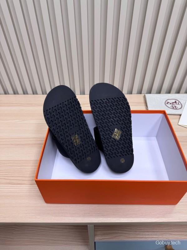 2025 Women Hermès Black Leather Slippers