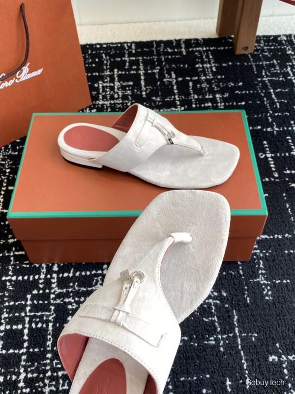 2025 Women Le Parmentier White Suede Thong Sandals KFY00280