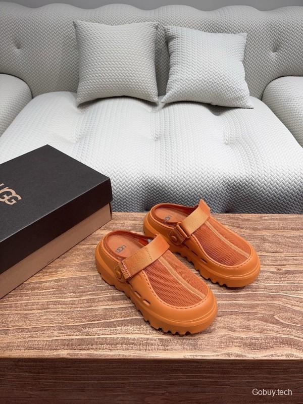 2025 UGG Brown Leather Mesh Slippers KFY00220