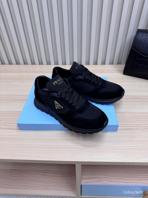 2025 Women Prada Black Suede Nylon Sneakers LY00300