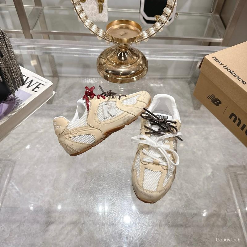 2025 Women New Balance Beige White Leather Mesh Sneakers