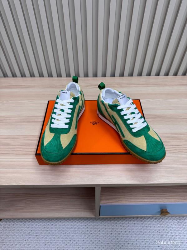 2025 Unisex Hermès Green Beige Suede Down Fabric Sneakers Top Version LY00310