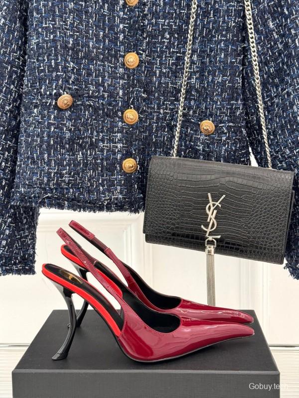 2025 Women Yves Saint Laurent Burgundy Patent Leather Slingback Heels