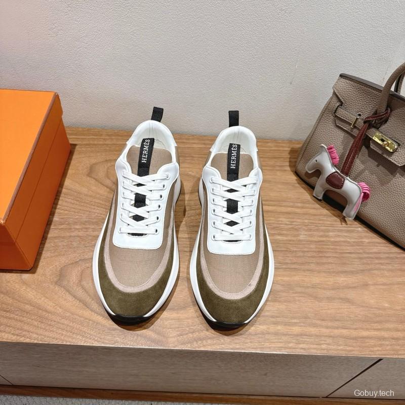 2025 Unisex HERMES White Beige Khaki Fabric Leather Sneakers AS00400